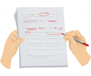 mains qui corrigent une copie avec un stylo rouge