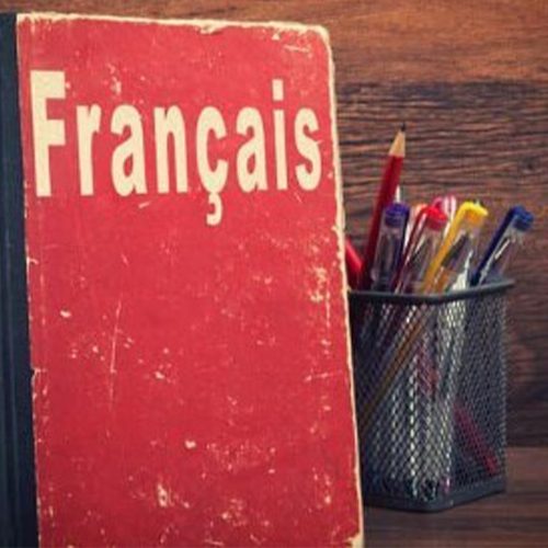 bureau sur lequel sont posés un manuel de français et un pot de stylos